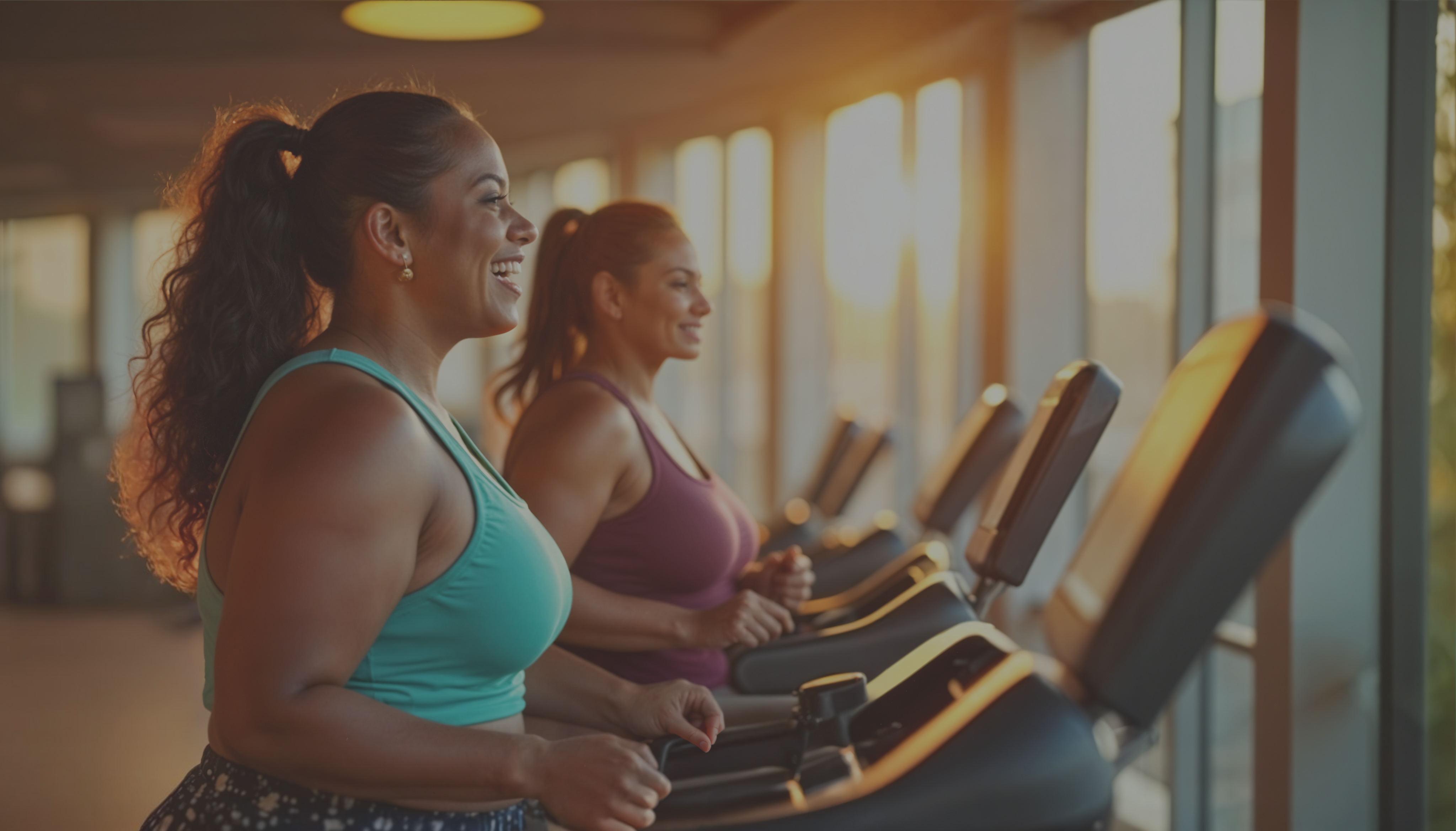 Imagem que mostra duas pessoas caminhando em esteiras na academia.